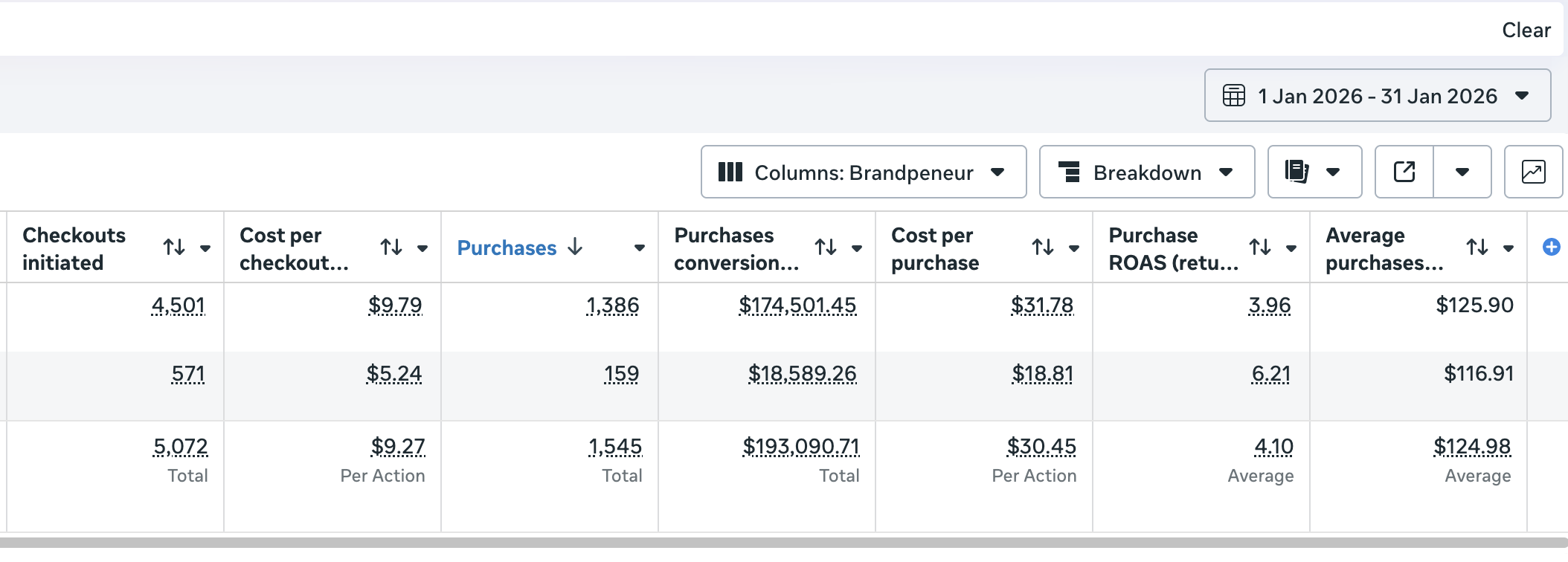 Meta Ads Manager results showing $193k in purchase conversion value with 4.10 ROAS
